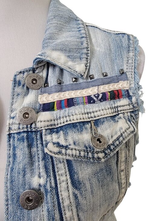 Mudd Size S Denim Distressed Blue Jean Vest, Boho, Button Front - Picture 2 of 10